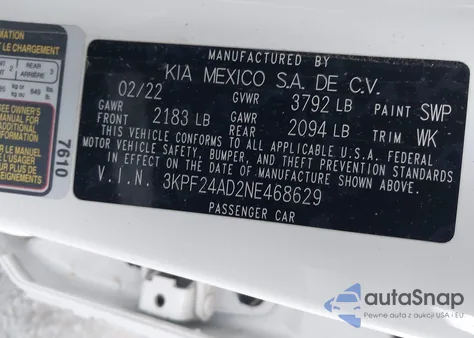 2022 Kia Forte Lxs z USA, uszkodzony, nr VIN 3KPF24AD2NE468629